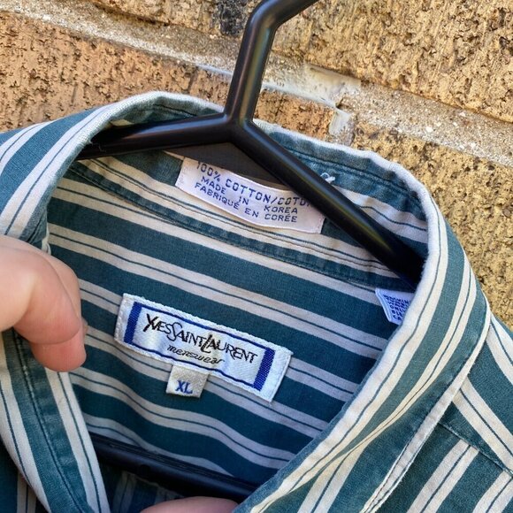 Vintage Yves Saint Laurent Striped Button Up Shirt XL White/Green - Picture 10 of 10